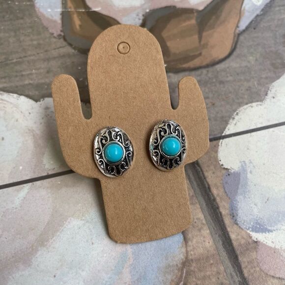 Turquoise Stone Silver Post Studs Earrings - Picture 2 of 4